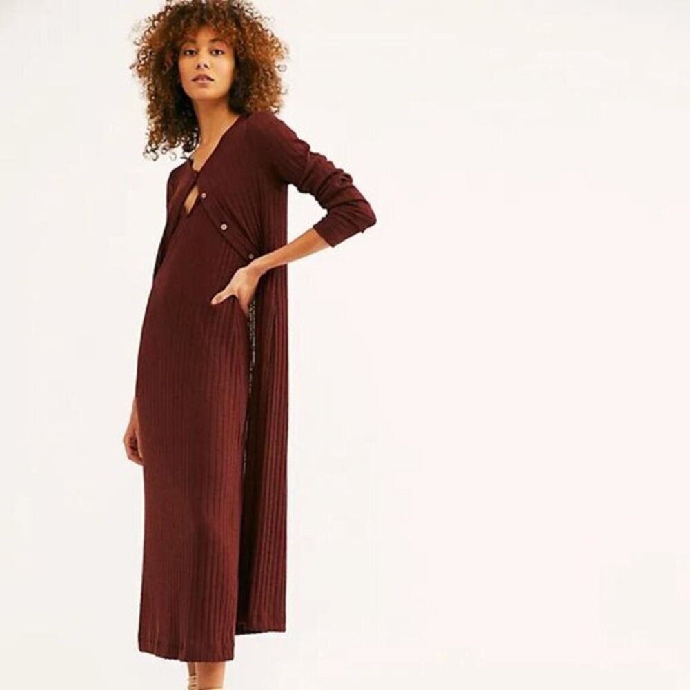 Free People Clementine Co-Ord Set Duster Cardigan/Slip Dress S Brown
